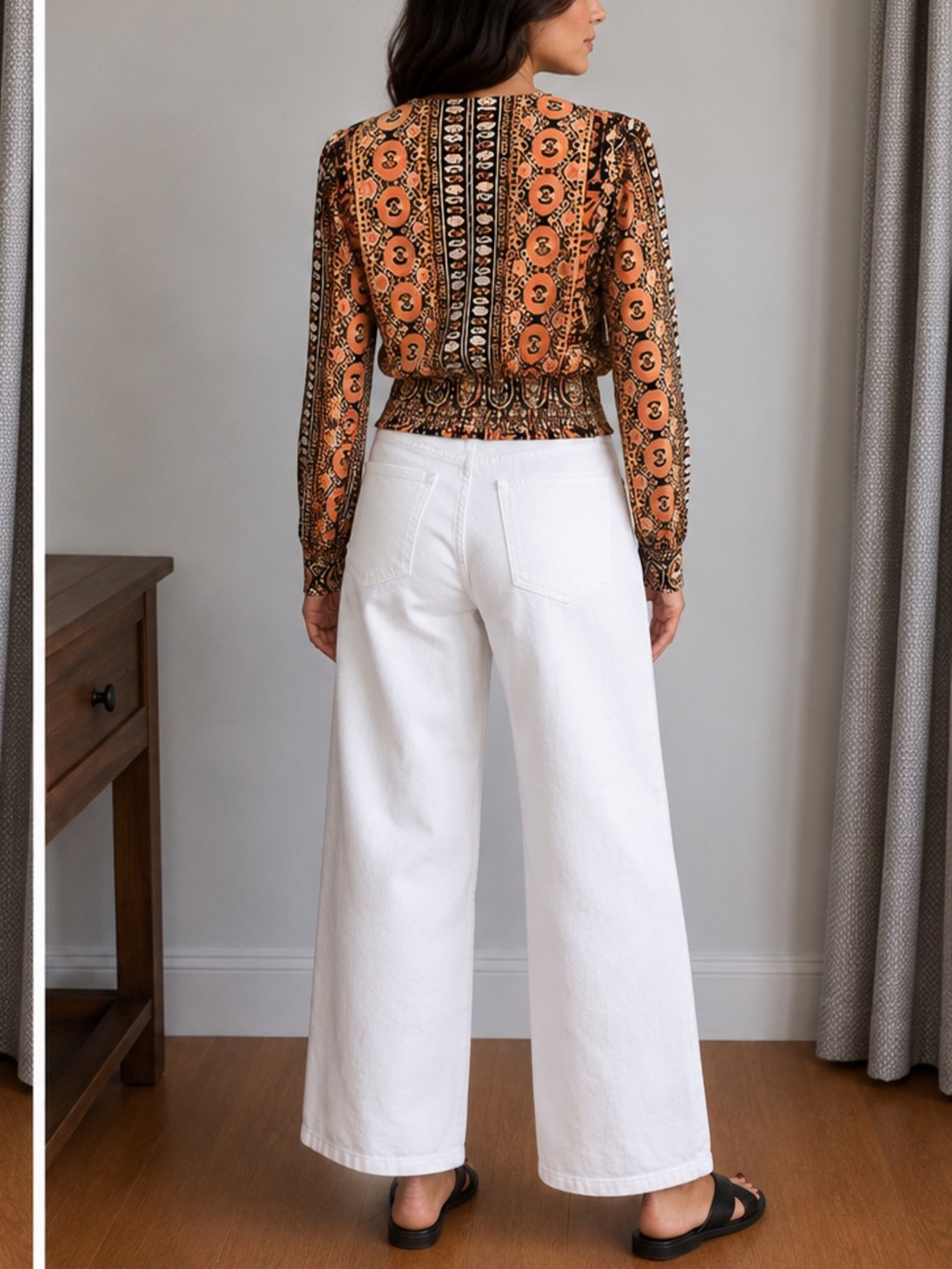Free People Orange and Gold Paisley V-Neck Long Sleeve Crop Top - Picture 2 of 13